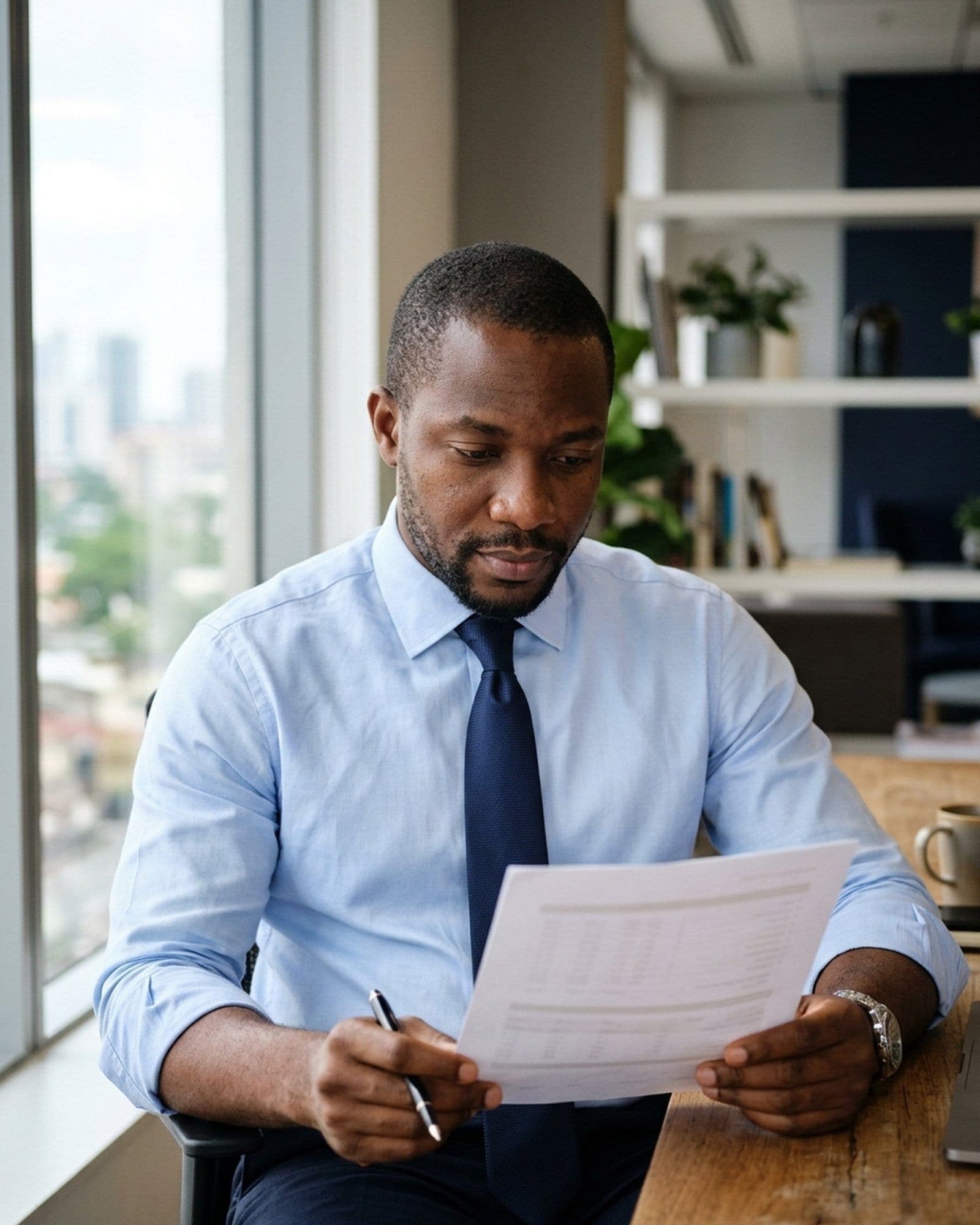 A financial services professional reviewing paperwork carefully at a desk.