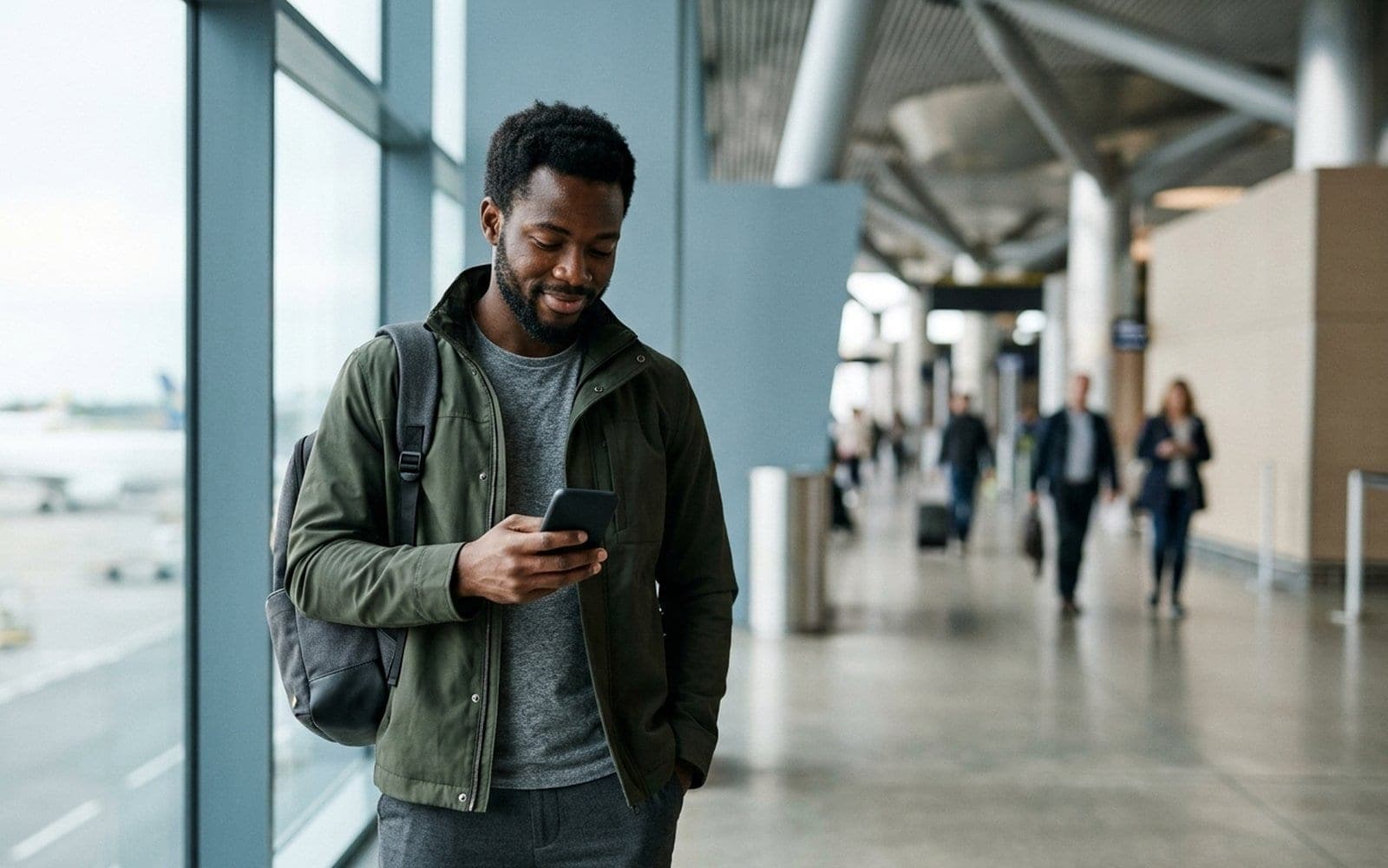 A traveller with a backpack checking a phone in a bright airport terminal.