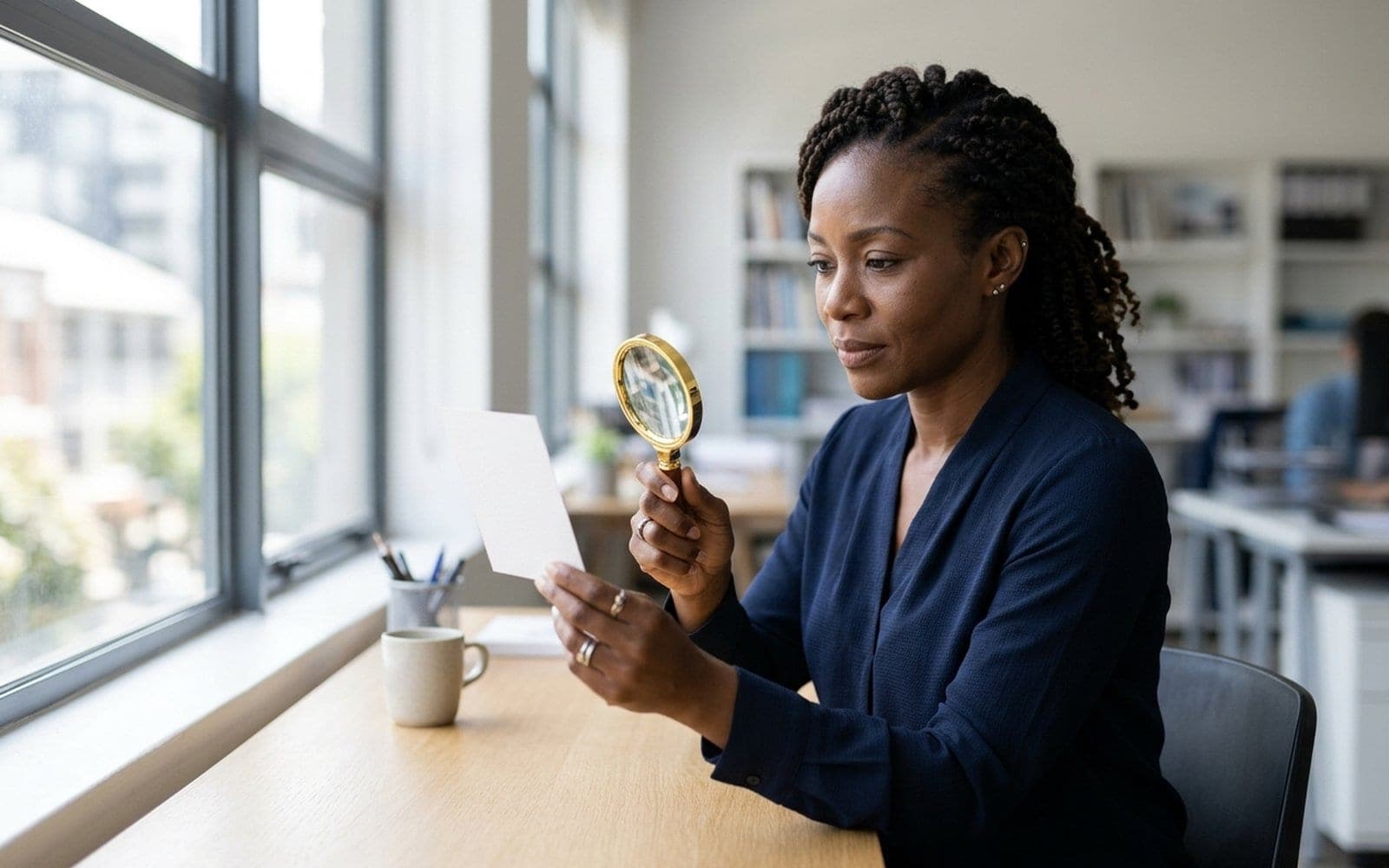 A woman looking closely through a magnifying glass at a desk by a bright window.