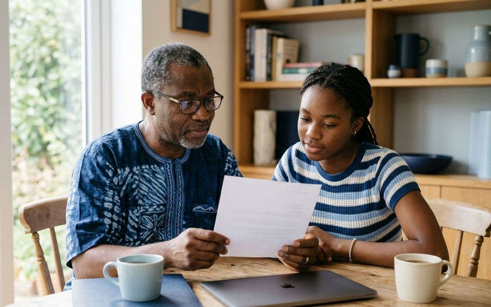 A parent and a young adult reviewing a letter together at a kitchen table.