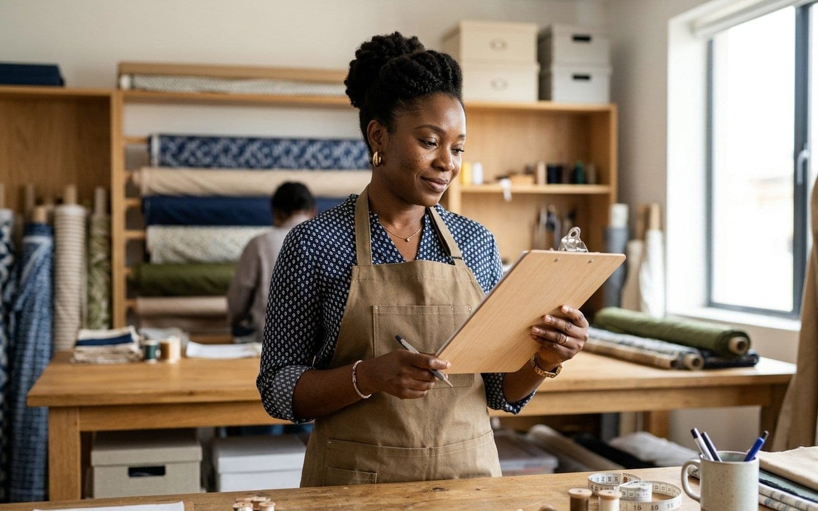 A small business owner reviewing paperwork at a workbench in a bright studio.