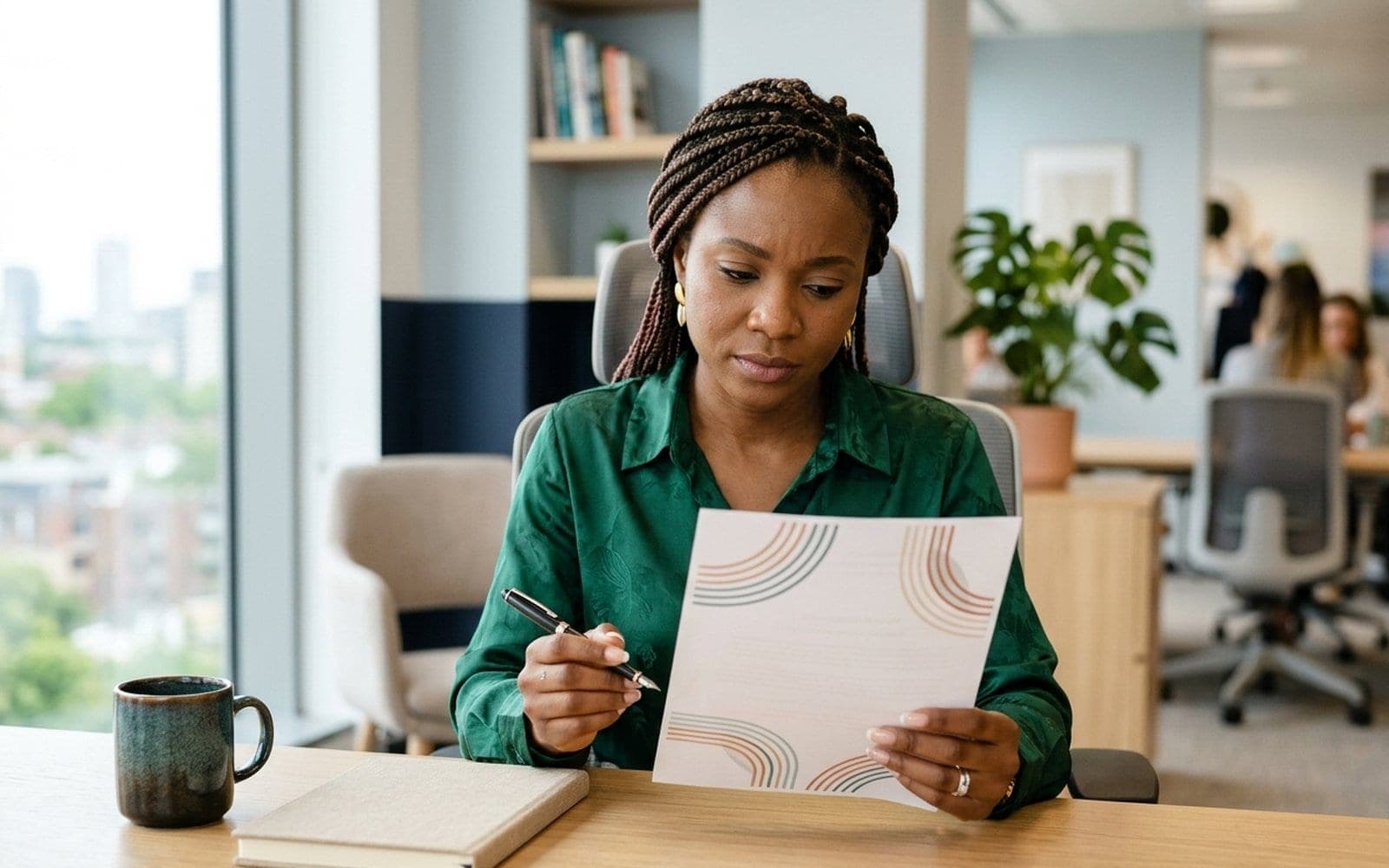 A woman studying a printed chart at a bright office desk, pen in hand.